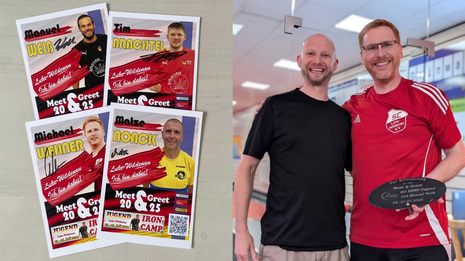 Autogrammkarten der Bundesligastars (links) und Erinnerungsgeschenk für Michael Wehner (rechts im rechten Bild), überreicht vom DKBC-Jugendvorsitzenden Michael Parzefall.